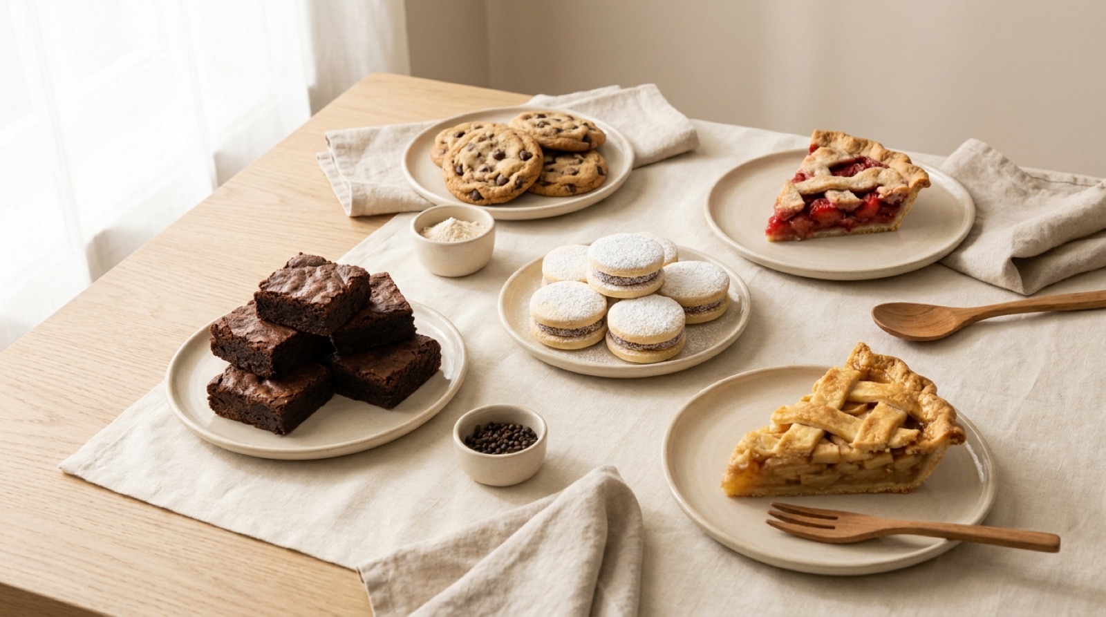 Mesa con brownies, galletas, alfajores y pyes